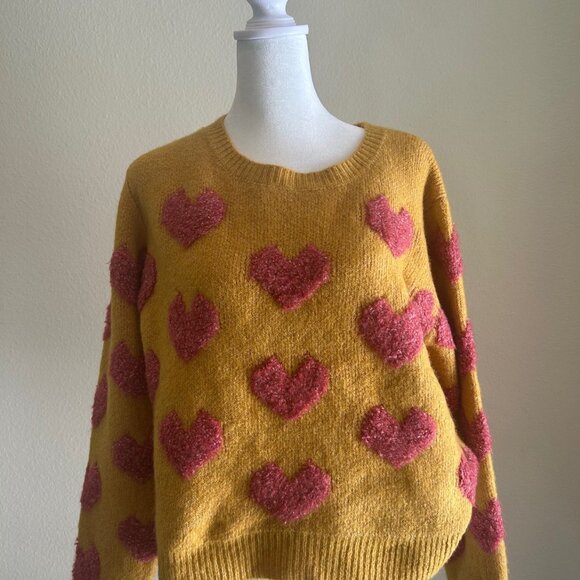 &Merci Sweater Crewneck Pink Puff Hearts Boxy Oversized SZS - Picture 1 of 11